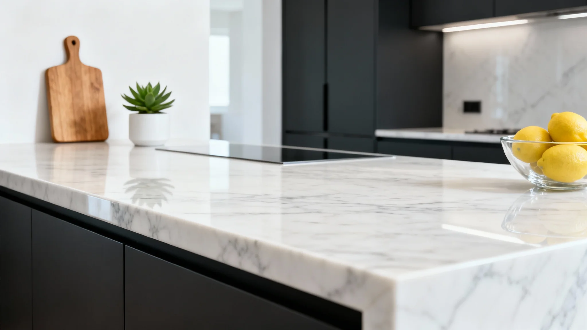 A close-up of a new, luxurious white marble countertop in a modern kitchen with dark charcoal cabinets, styled with a small plant and a bowl of lemons.