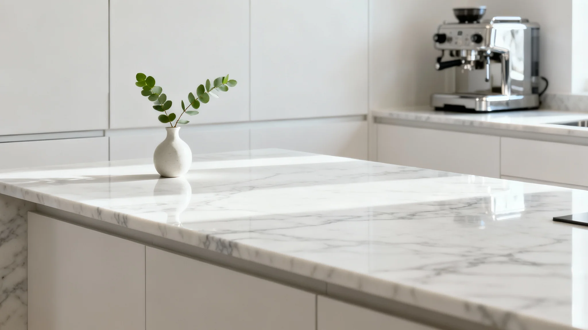 A photorealistic image of a modern kitchen showcasing a new, polished white marble countertop under bright, natural light.