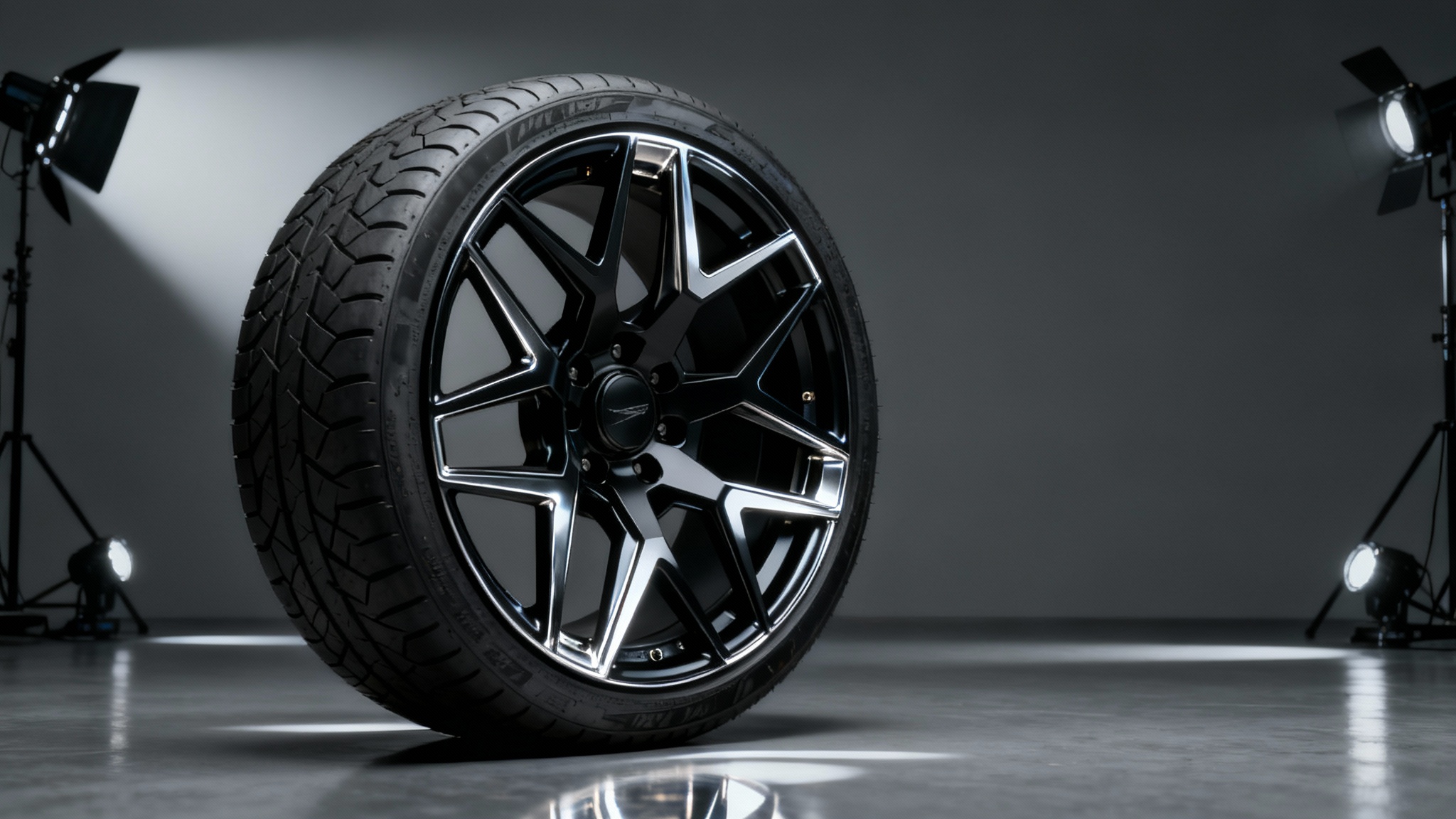 A hyper-realistic studio photograph of a custom high-performance wheel and tire against a dark background, showcasing its intricate design and quality.
