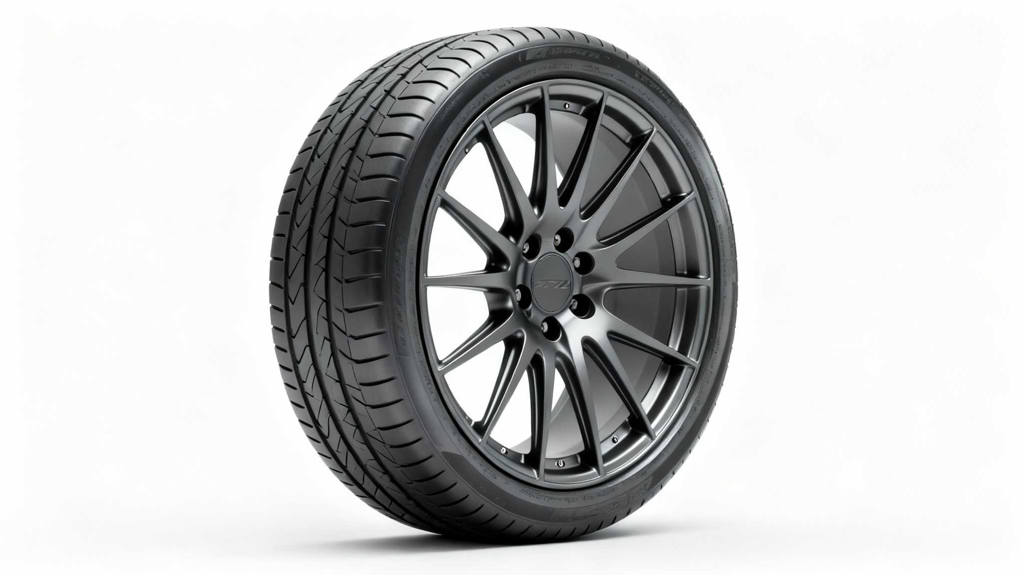 A sleek, gunmetal grey multi-spoke performance car wheel with a new, low-profile tire, photographed in a professional studio setting against a solid white background.
