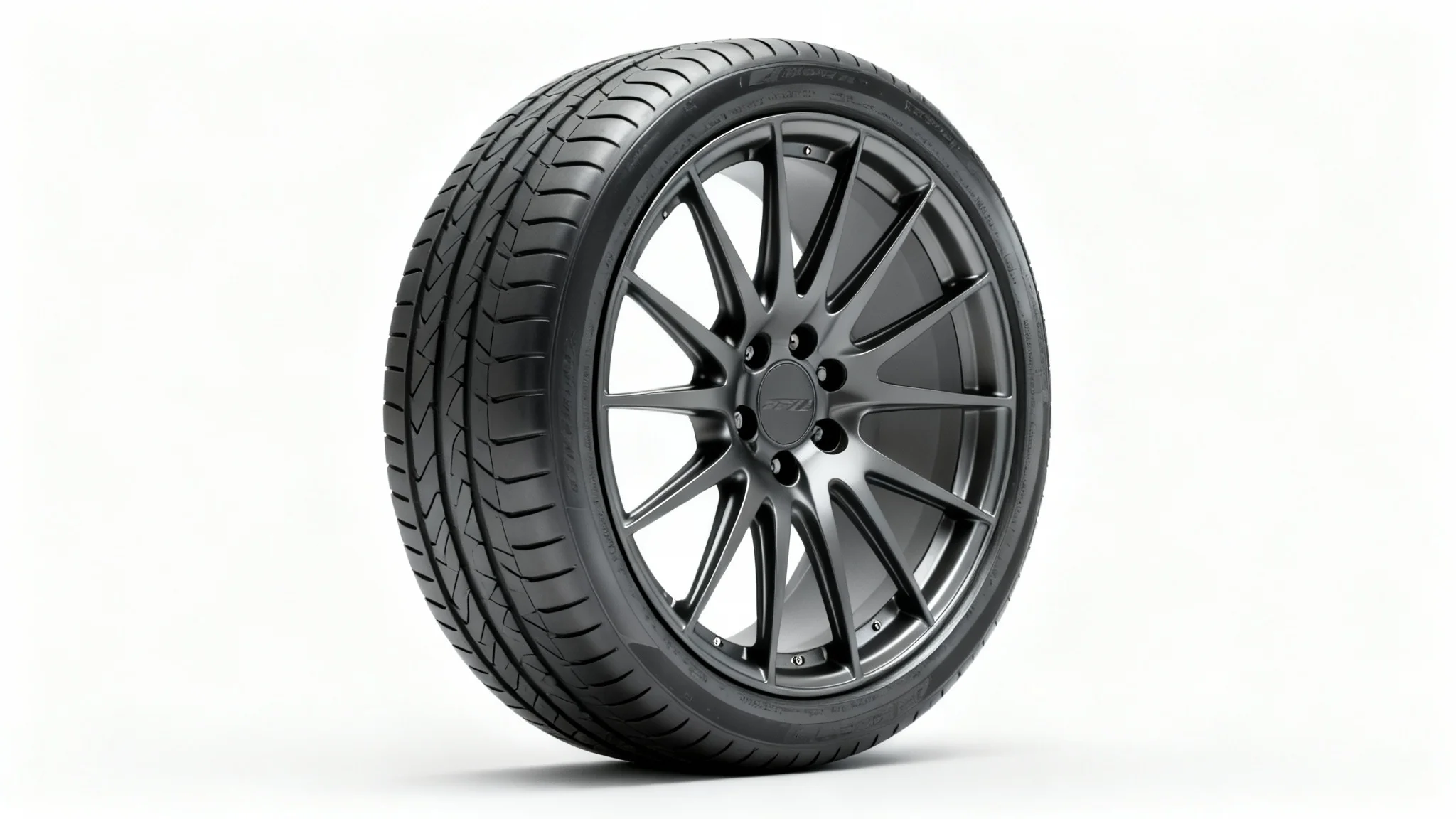 A sleek, gunmetal grey multi-spoke performance car wheel with a new, low-profile tire, photographed in a professional studio setting against a solid white background.