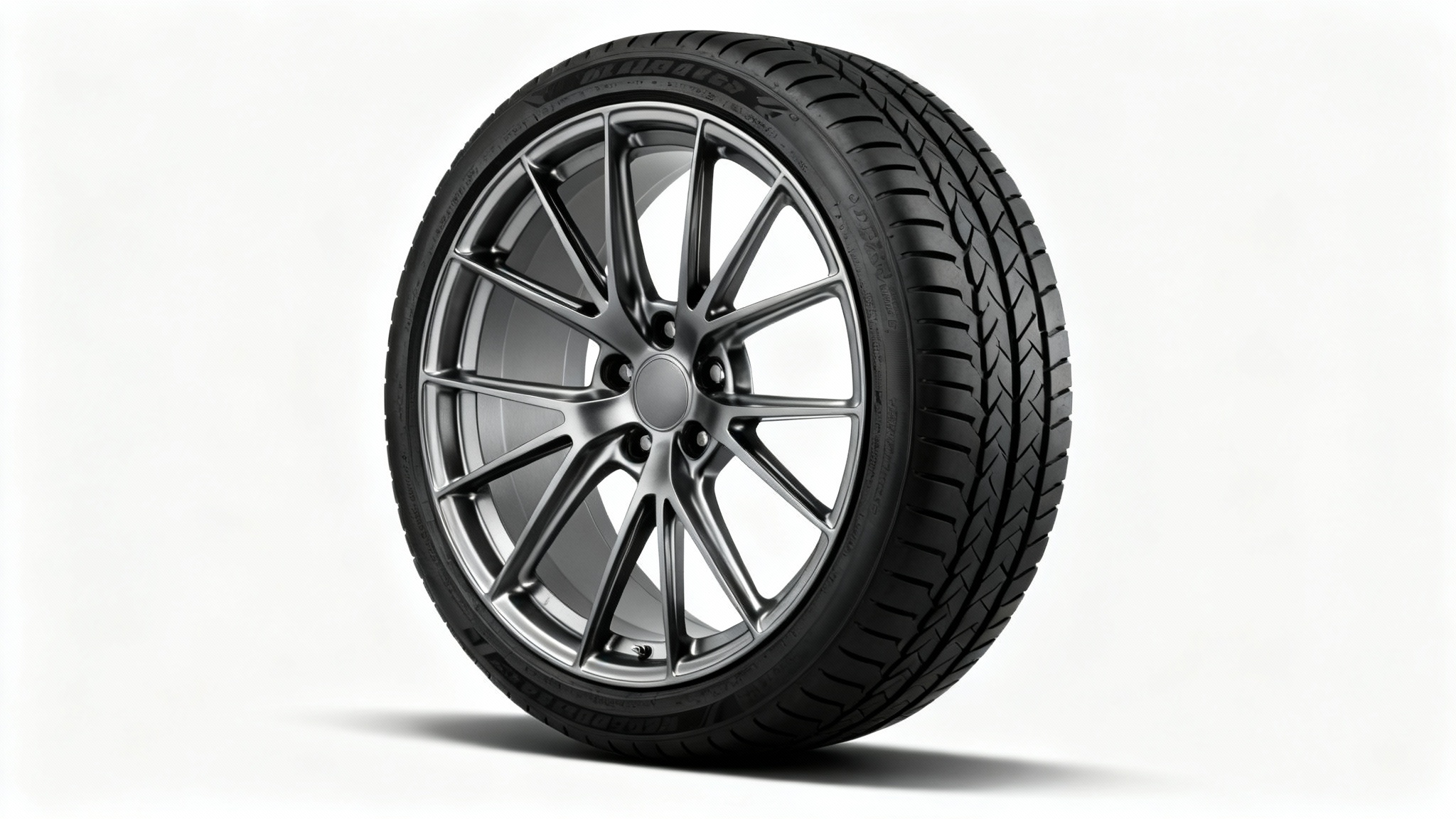 A high-performance car wheel with a modern multi-spoke design in gunmetal grey, fitted with a low-profile tire, shot against a clean white background.