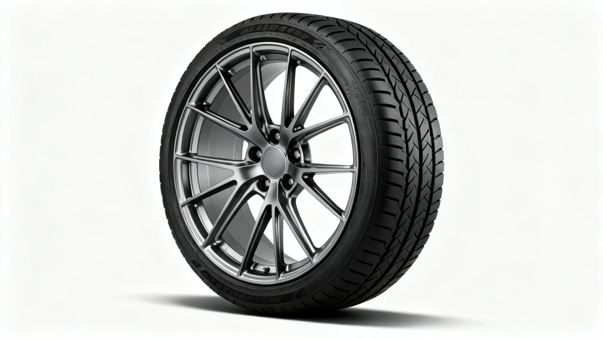 A high-performance car wheel with a modern multi-spoke design in gunmetal grey, fitted with a low-profile tire, shot against a clean white background.