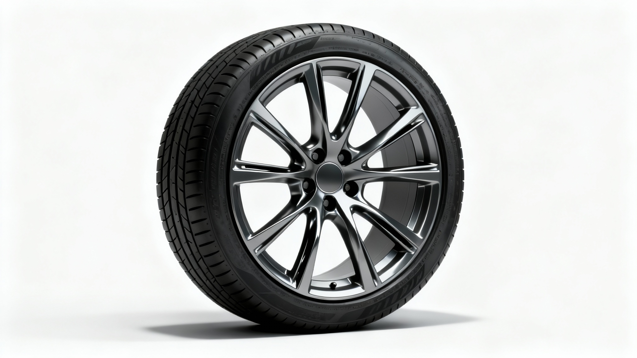 A photorealistic mockup of a modern, multi-spoke alloy wheel with a high-performance tire, shot in a studio with a clean white background.