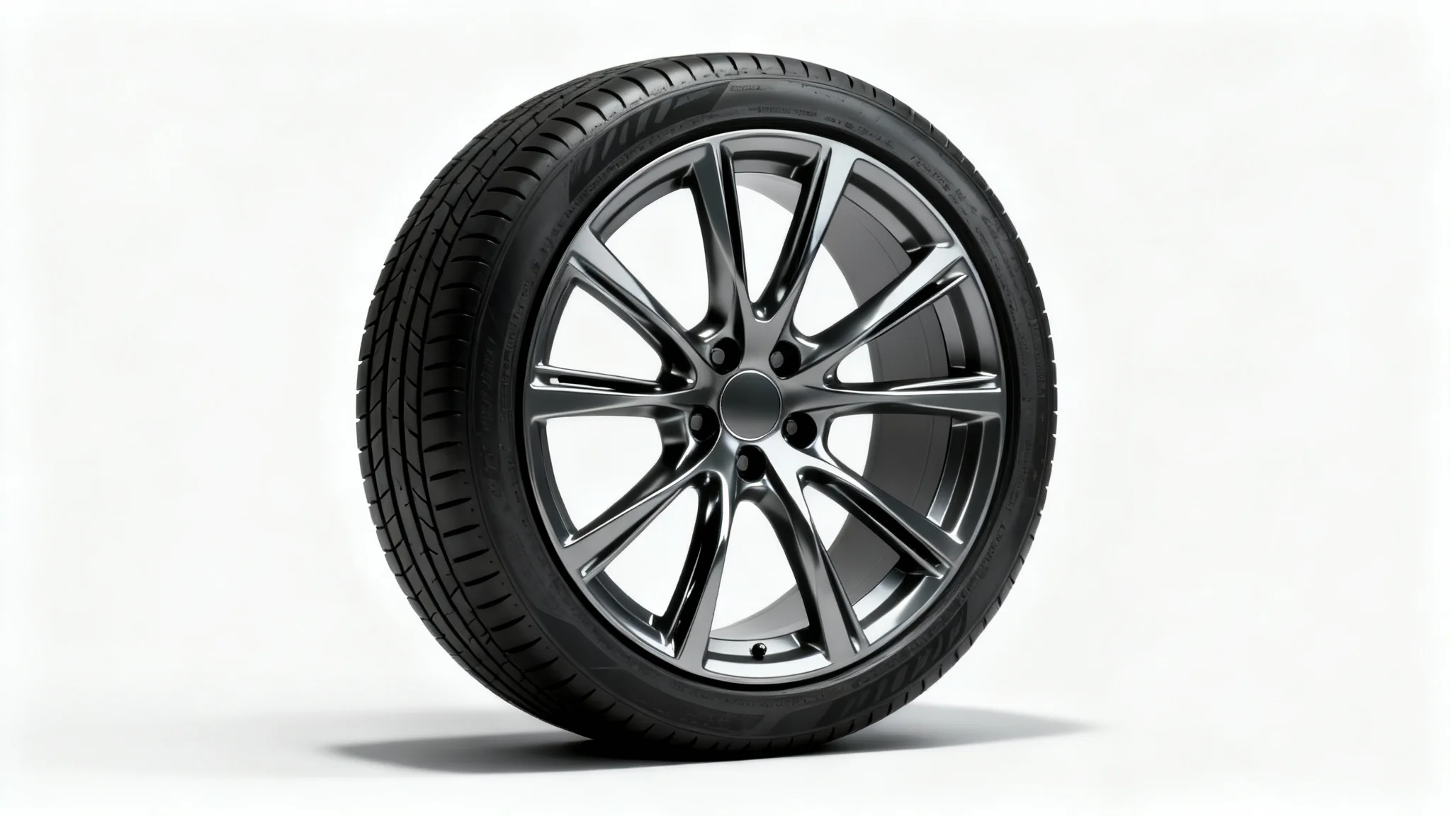A photorealistic mockup of a modern, multi-spoke alloy wheel with a high-performance tire, shot in a studio with a clean white background.