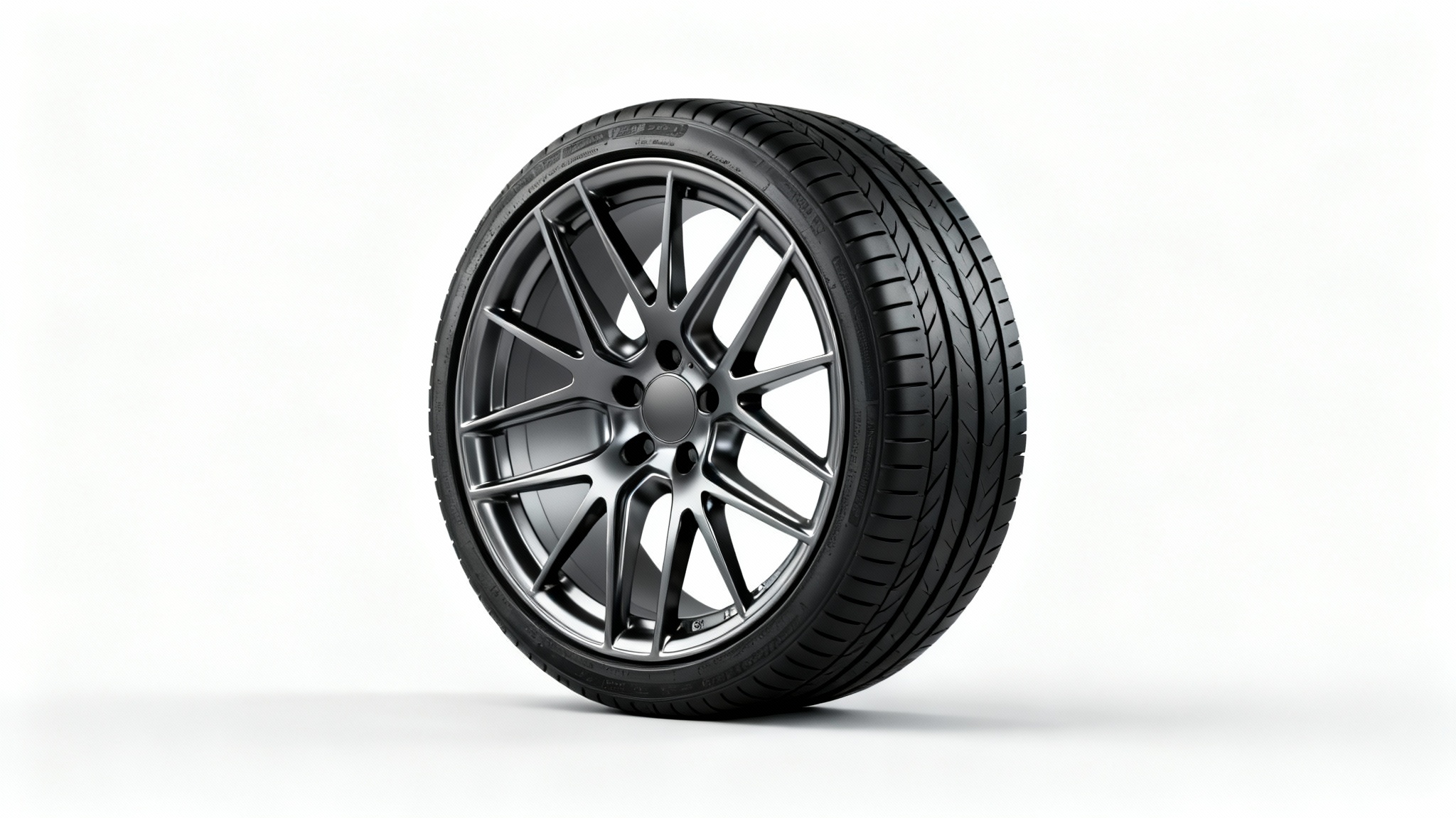 A studio mockup of a sleek, multi-spoke car wheel in a glossy gunmetal finish, fitted with a new high-performance tire, shown at a three-quarter angle against a solid white background.