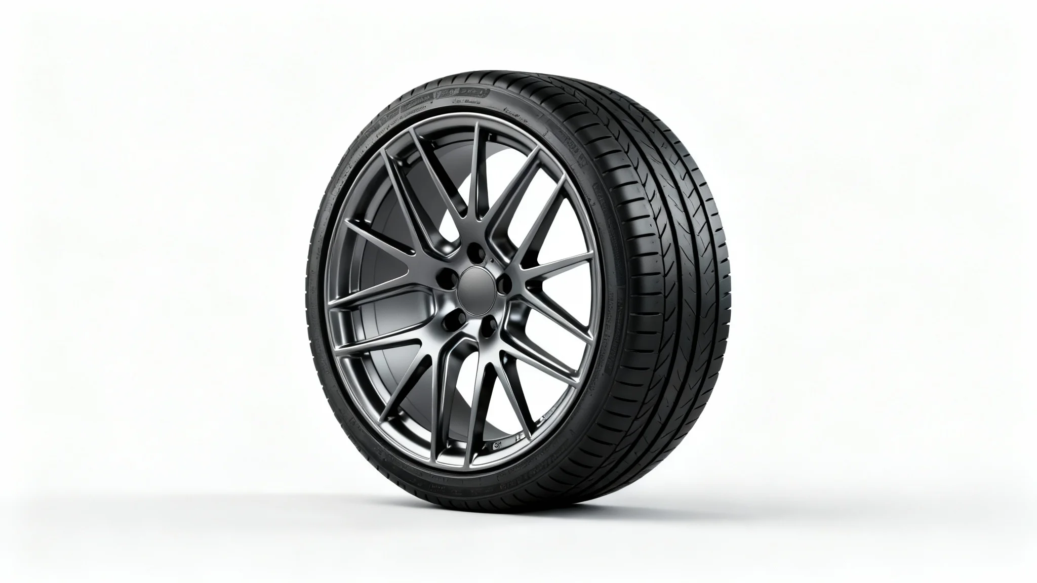 A studio mockup of a sleek, multi-spoke car wheel in a glossy gunmetal finish, fitted with a new high-performance tire, shown at a three-quarter angle against a solid white background.
