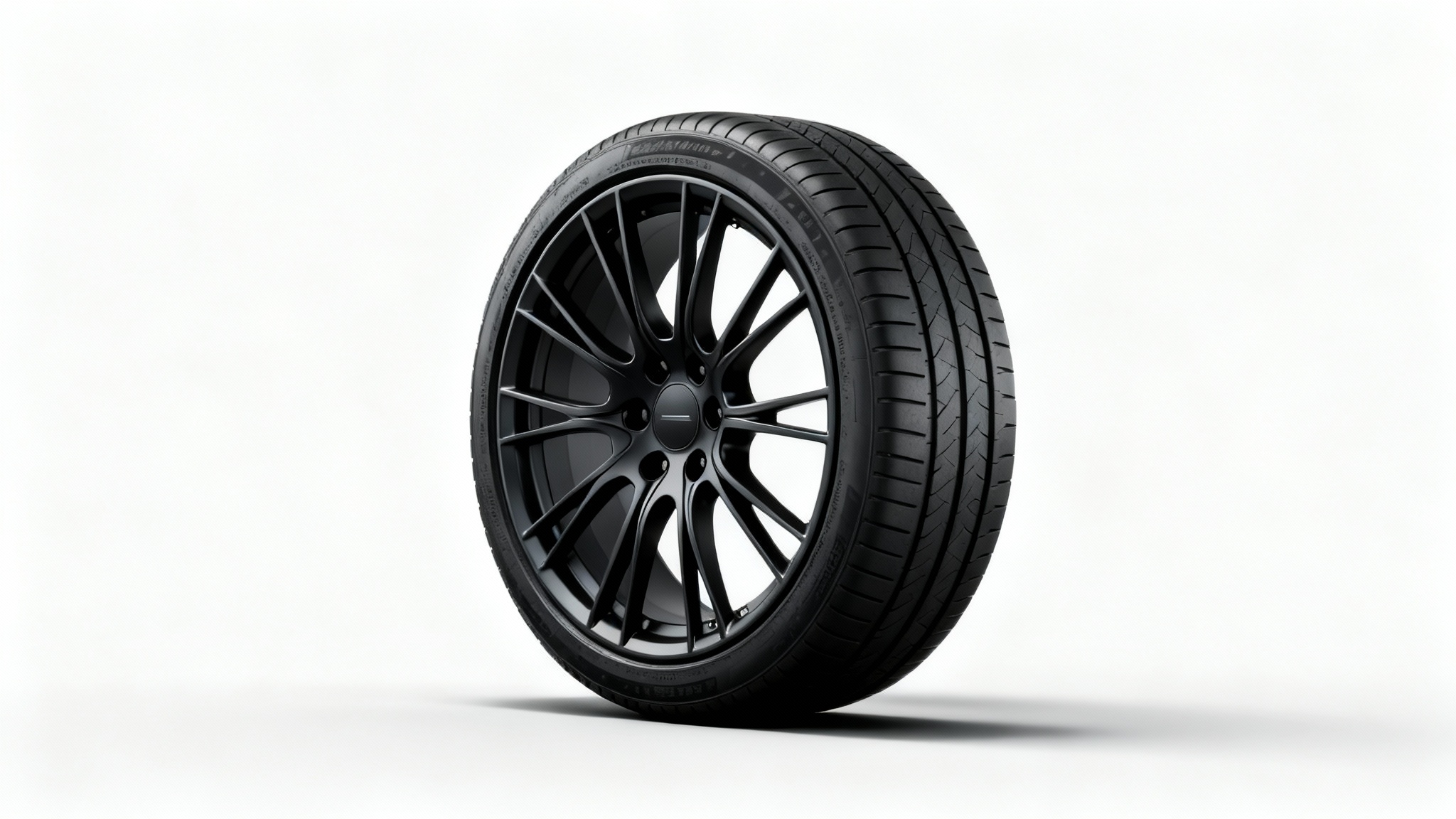 A photorealistic studio image of a modern multi-spoke alloy car wheel with a matte black finish and a new high-performance tire, set against a clean white background.