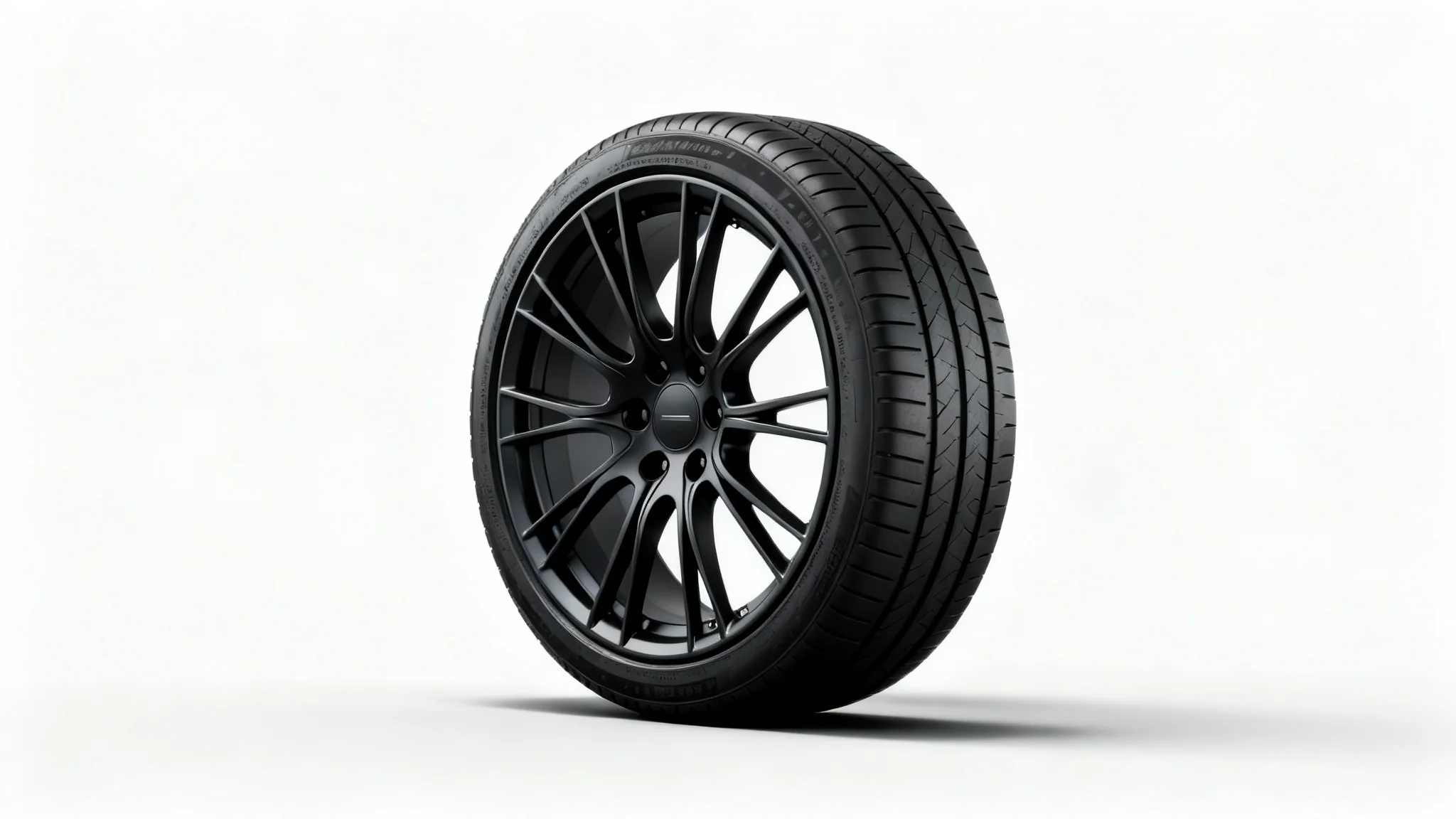A photorealistic studio image of a modern multi-spoke alloy car wheel with a matte black finish and a new high-performance tire, set against a clean white background.