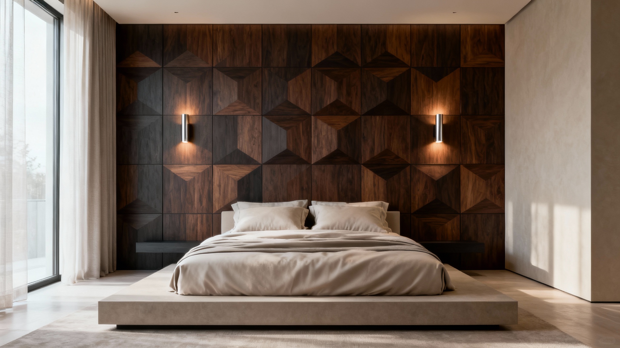 A beautifully designed modern bedroom with a large, geometric wooden panel feature wall behind a neatly made bed, showcasing an aspirational bedroom wall panel design.
