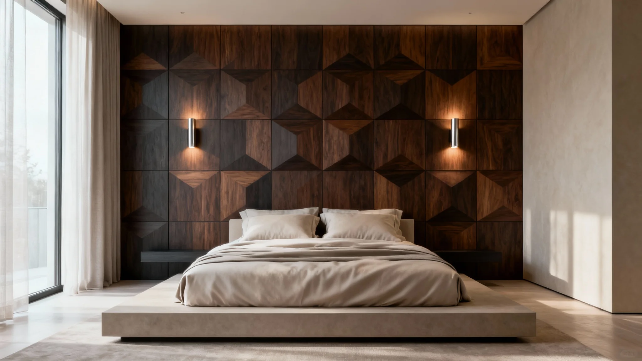 A beautifully designed modern bedroom with a large, geometric wooden panel feature wall behind a neatly made bed, showcasing an aspirational bedroom wall panel design.