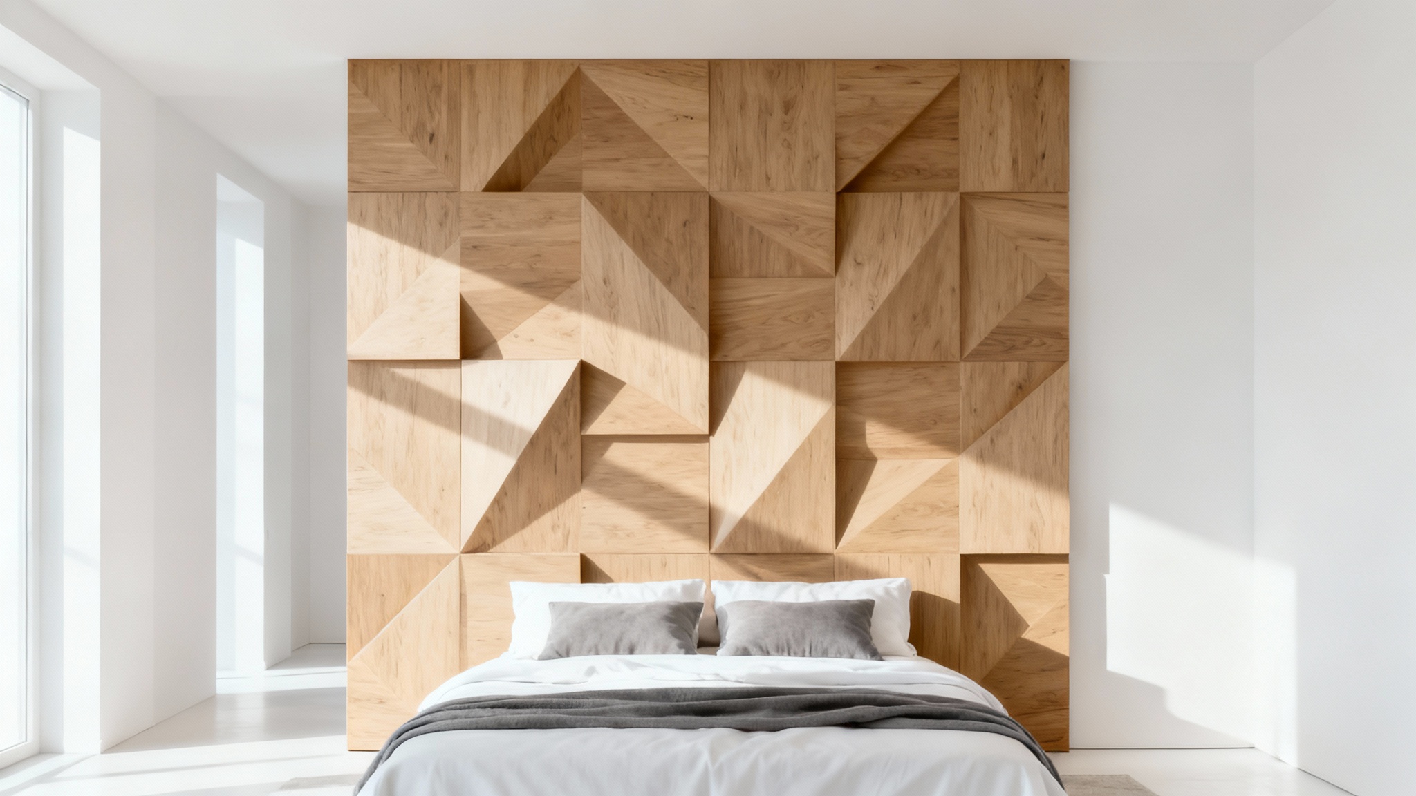A modern bedroom showcasing a stylish light oak geometric wood panel accent wall behind a neatly made bed with white linens.