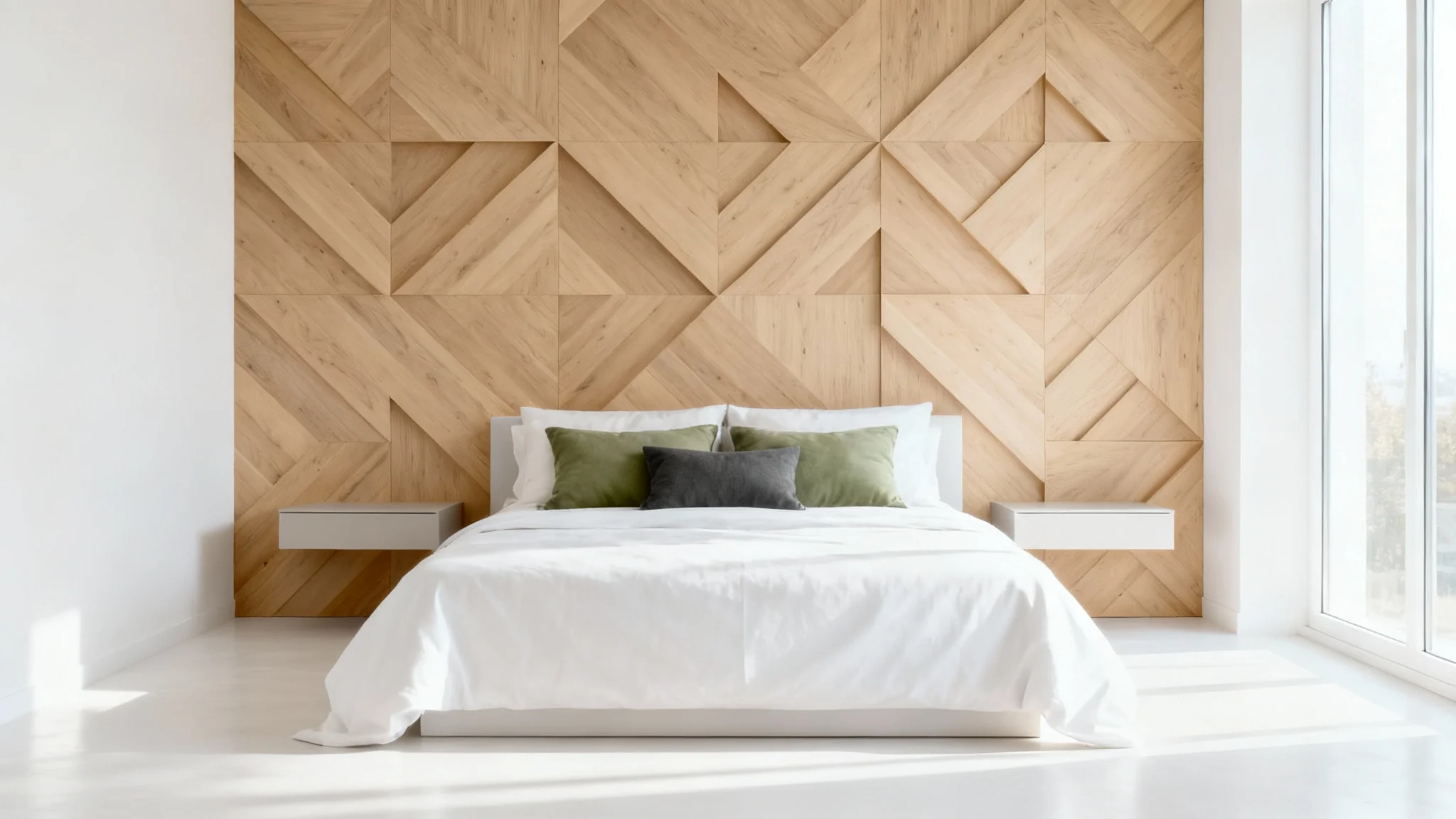A serene, modern bedroom showcasing a beautiful light oak geometric wall panel design behind a neatly made bed with white and sage green bedding.