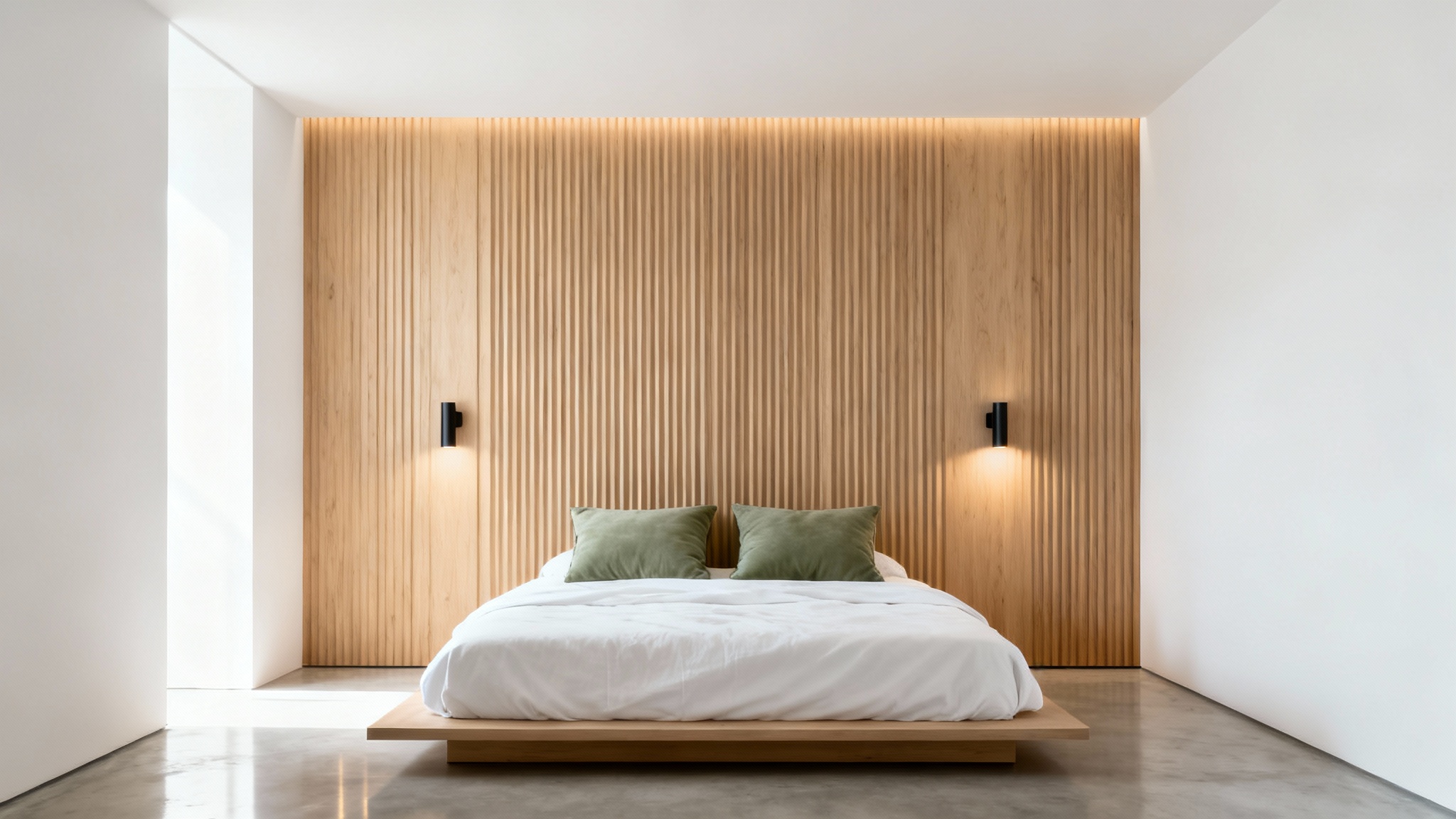 A modern minimalist bedroom featuring a beautiful accent wall with vertical wood panels behind a neatly made bed with white linens and green pillows.