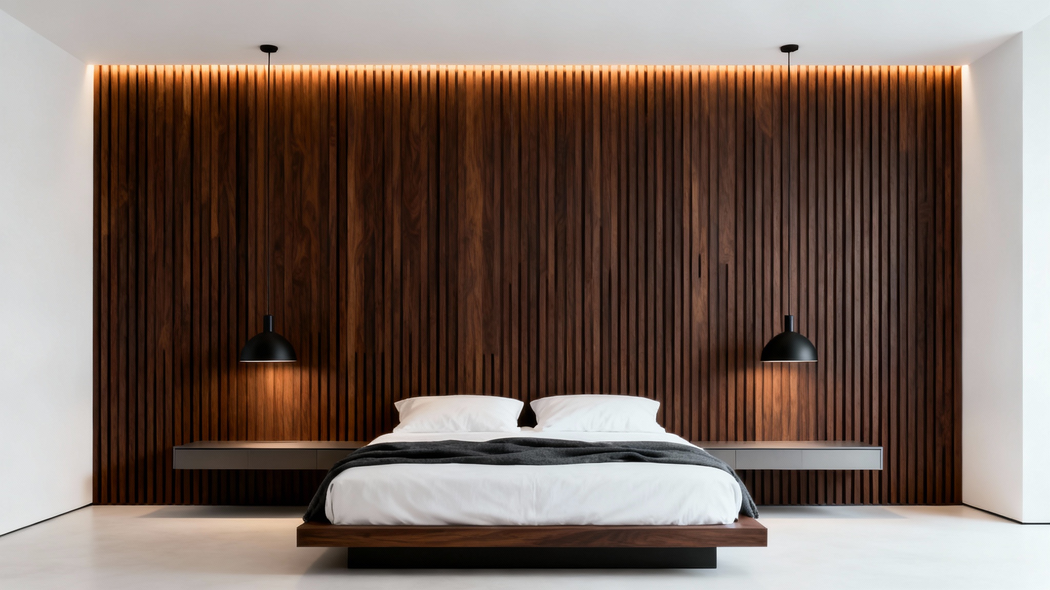 A beautifully designed modern bedroom with a dramatic accent wall made of dark vertical wood panels with backlighting, serving as a headboard for a plush bed.