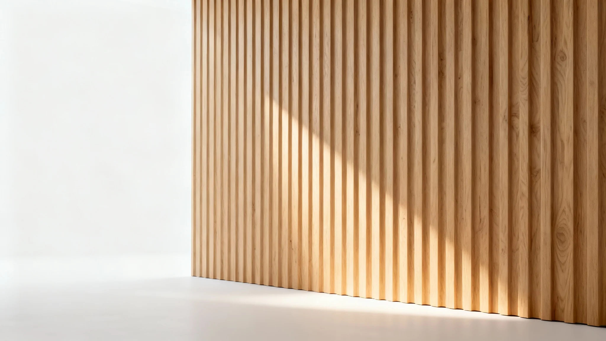 A close-up product shot of a modern, light oak vertical fluted wall panel for a bedroom, set against a clean white background.