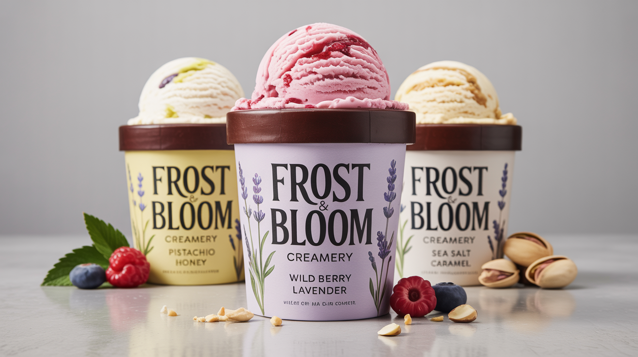 An eye-catching hero image displaying three professionally designed ice cream pint mockups with artisanal labels for 'Frost & Bloom Creamery', set against a clean background.