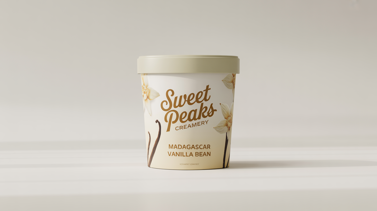 A commercial mockup of an ice cream pint for 'Sweet Peaks Creamery', featuring the flavor 'Madagascar Vanilla Bean' on a clean white background.