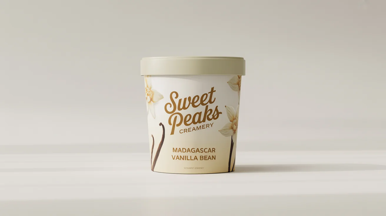 A commercial mockup of an ice cream pint for 'Sweet Peaks Creamery', featuring the flavor 'Madagascar Vanilla Bean' on a clean white background.