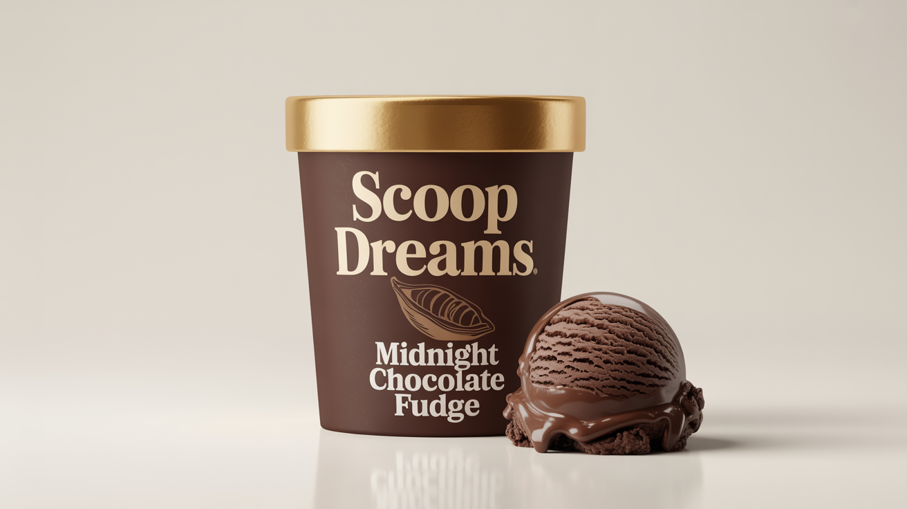 A photorealistic mockup of a pint of 'SCOOP DREAMS' brand 'Midnight Chocolate Fudge' ice cream, with a modern brown and gold label, set next to a single scoop of dark chocolate ice cream against a plain white background.