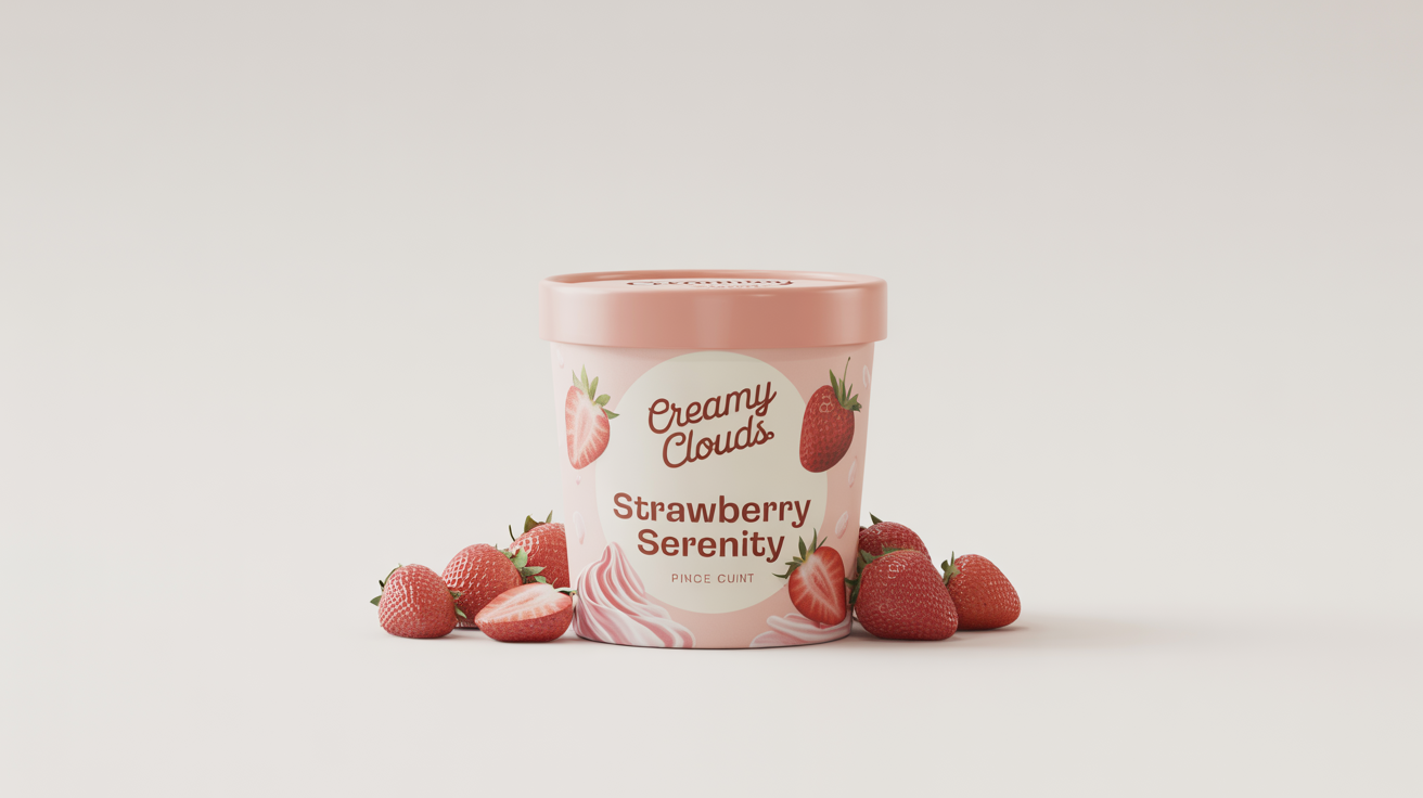 A photorealistic mockup of a 'Creamy Clouds' ice cream pint, featuring a 'Strawberry Serenity' label with illustrations of strawberries, set against a clean white background.