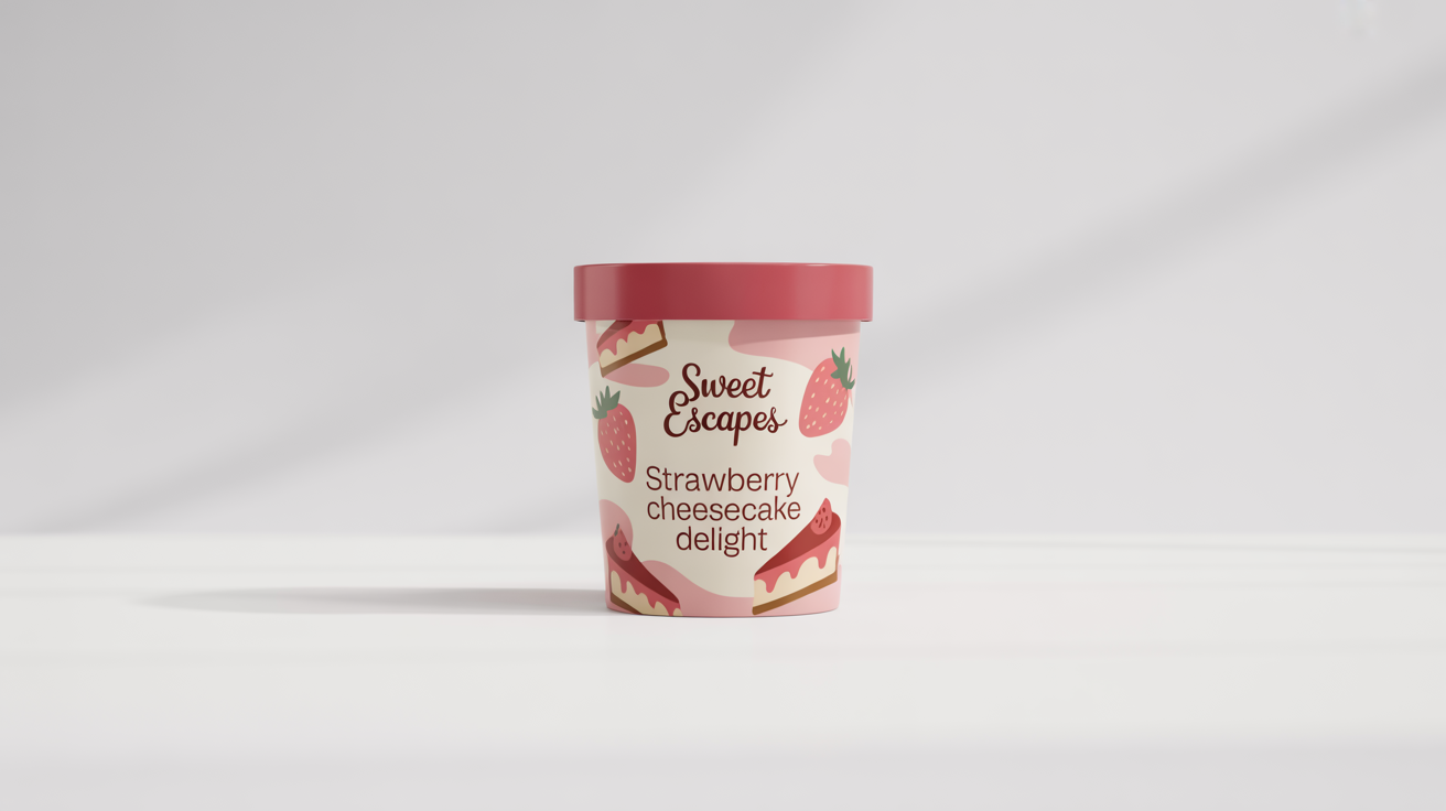 A photorealistic mockup of a pint of 'Sweet Escapes' ice cream, with the flavor 'Strawberry Cheesecake Delight' on the label, shown against a clean white background.