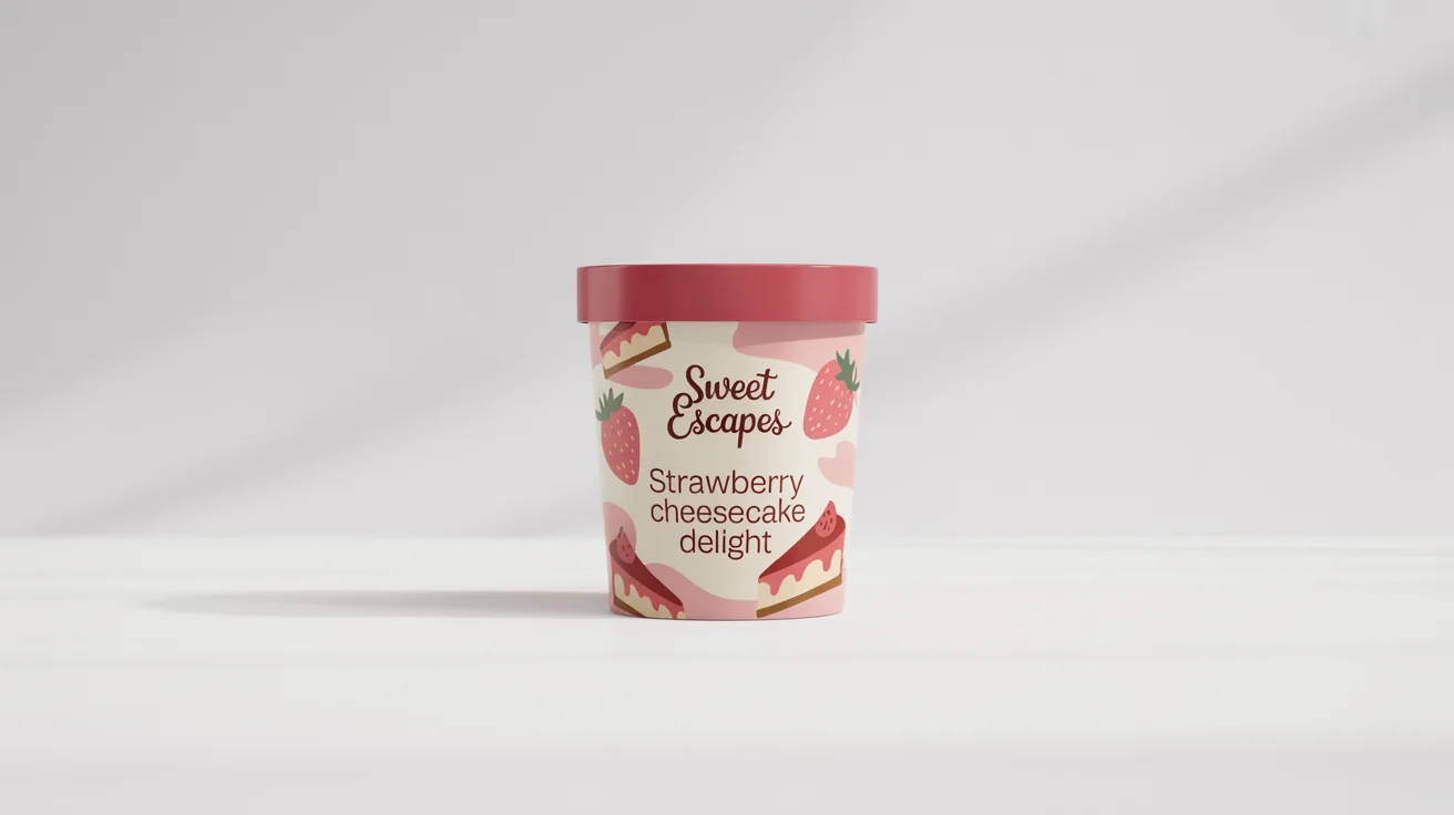 A photorealistic mockup of a pint of 'Sweet Escapes' ice cream, with the flavor 'Strawberry Cheesecake Delight' on the label, shown against a clean white background.
