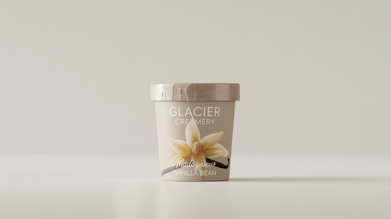 A photorealistic mockup of an ice cream pint for 'Glacier Creamery' brand 'Madagascar Vanilla Bean' flavor, shown against a clean white background.