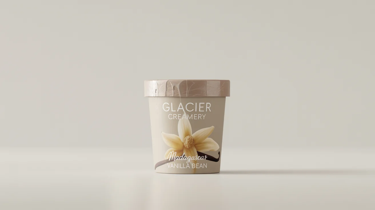 A photorealistic mockup of an ice cream pint for 'Glacier Creamery' brand 'Madagascar Vanilla Bean' flavor, shown against a clean white background.