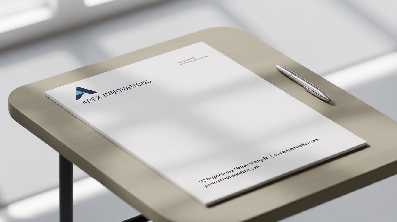 A close-up of a professionally designed letterhead for the fictional company 'Apex Innovations', featuring a modern logo and contact information on a sheet of paper.