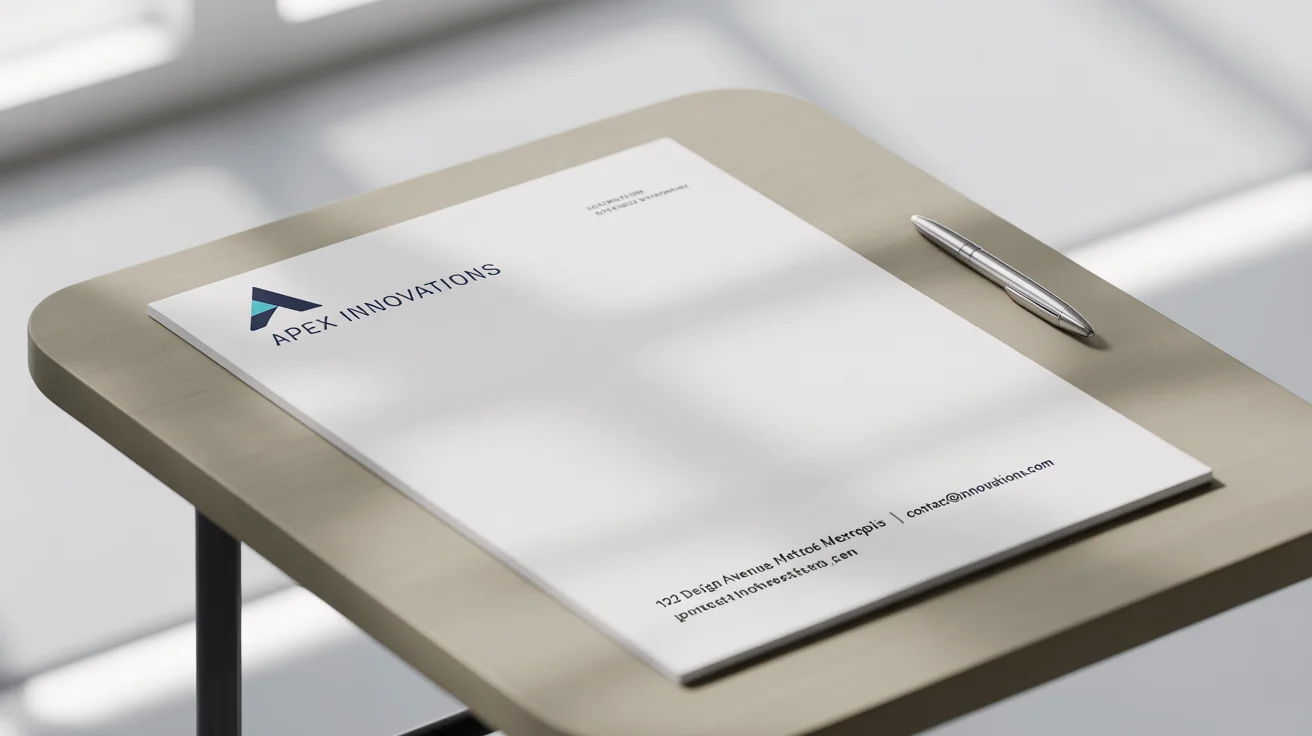 A close-up of a professionally designed letterhead for the fictional company 'Apex Innovations', featuring a modern logo and contact information on a sheet of paper.