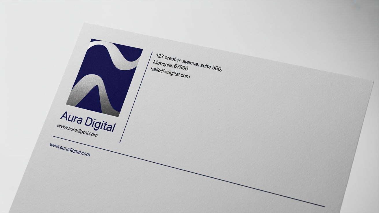 A mockup of a professional letterhead for a fictional company, 'Aura Digital,' featuring a clean design with a navy and silver logo on a sheet of paper against a white background.