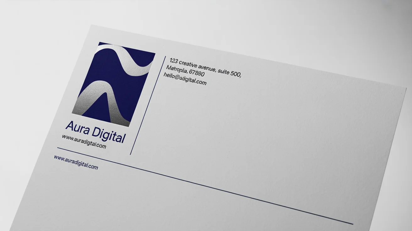 A mockup of a professional letterhead for a fictional company, 'Aura Digital,' featuring a clean design with a navy and silver logo on a sheet of paper against a white background.