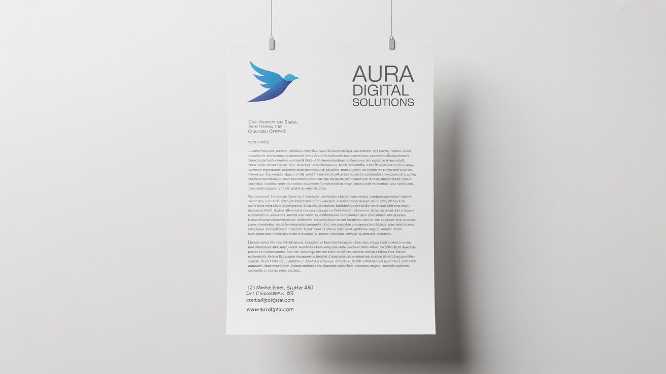A professional mockup of a corporate letterhead for a fictional company, 'Aura Digital Solutions', displayed on a sheet of paper against a white background.