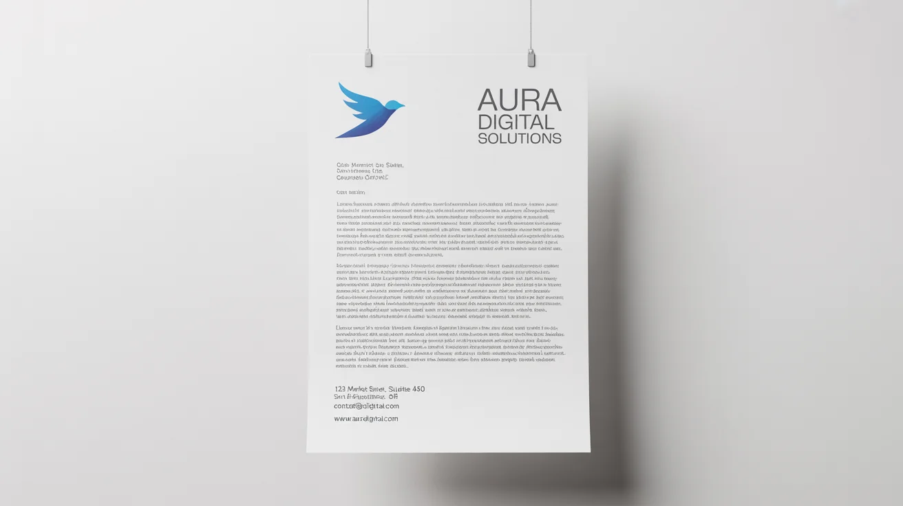 A professional mockup of a corporate letterhead for a fictional company, 'Aura Digital Solutions', displayed on a sheet of paper against a white background.