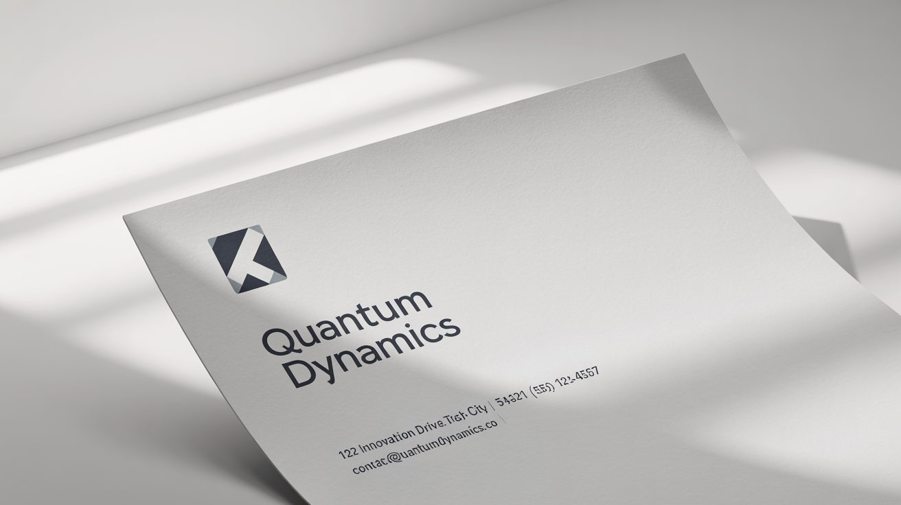 A professional mockup of a corporate letterhead for 'Quantum Dynamics' featuring a minimalist logo and contact information, displayed on a clean white background.