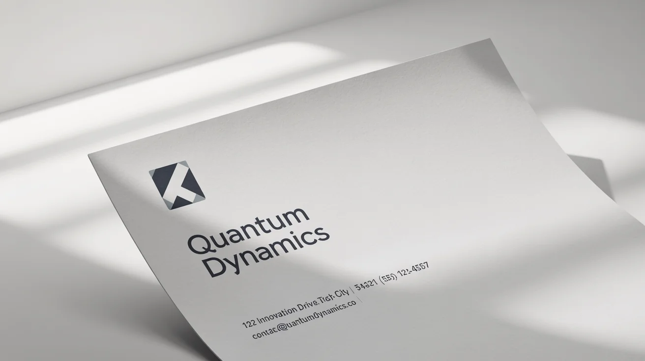 A professional mockup of a corporate letterhead for 'Quantum Dynamics' featuring a minimalist logo and contact information, displayed on a clean white background.
