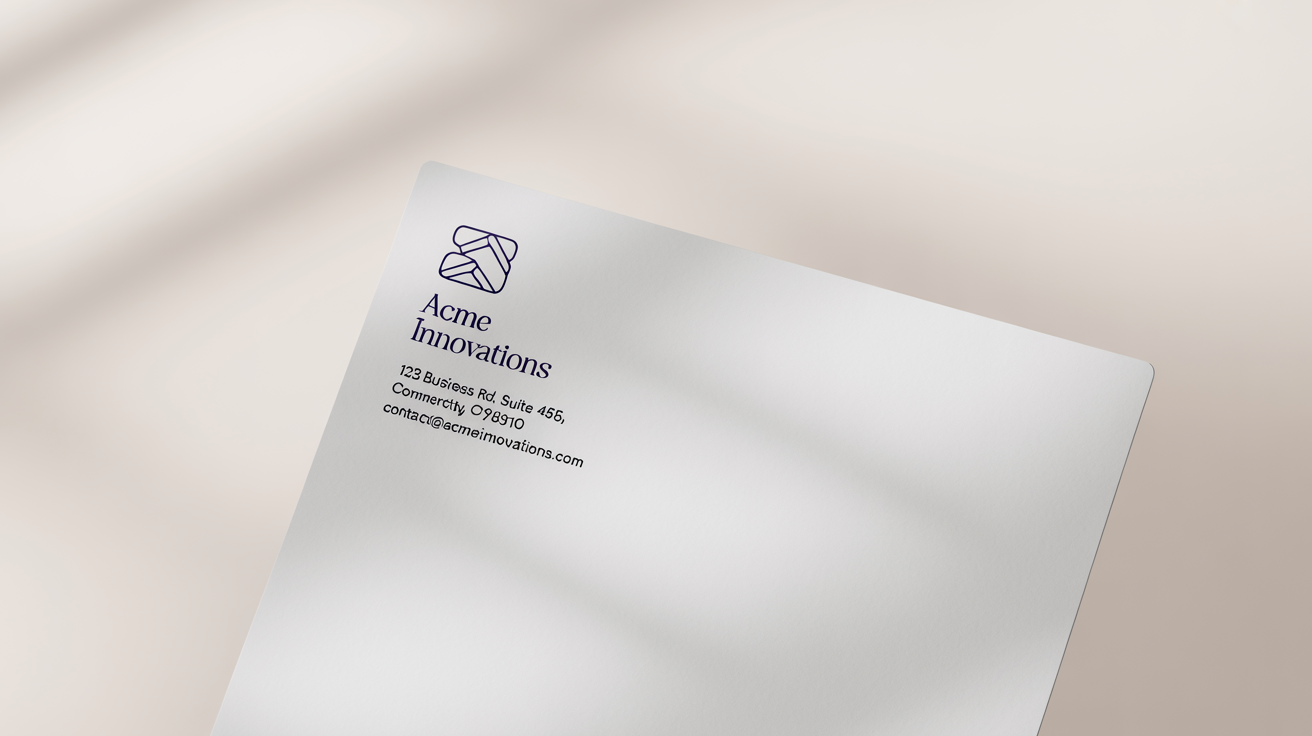 A professional mockup of a business letterhead for 'ACME Innovations', featuring a minimalist design with a navy blue logo and contact information on a clean white background.