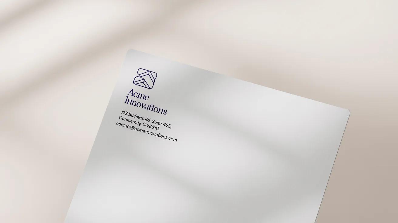 A professional mockup of a business letterhead for 'ACME Innovations', featuring a minimalist design with a navy blue logo and contact information on a clean white background.