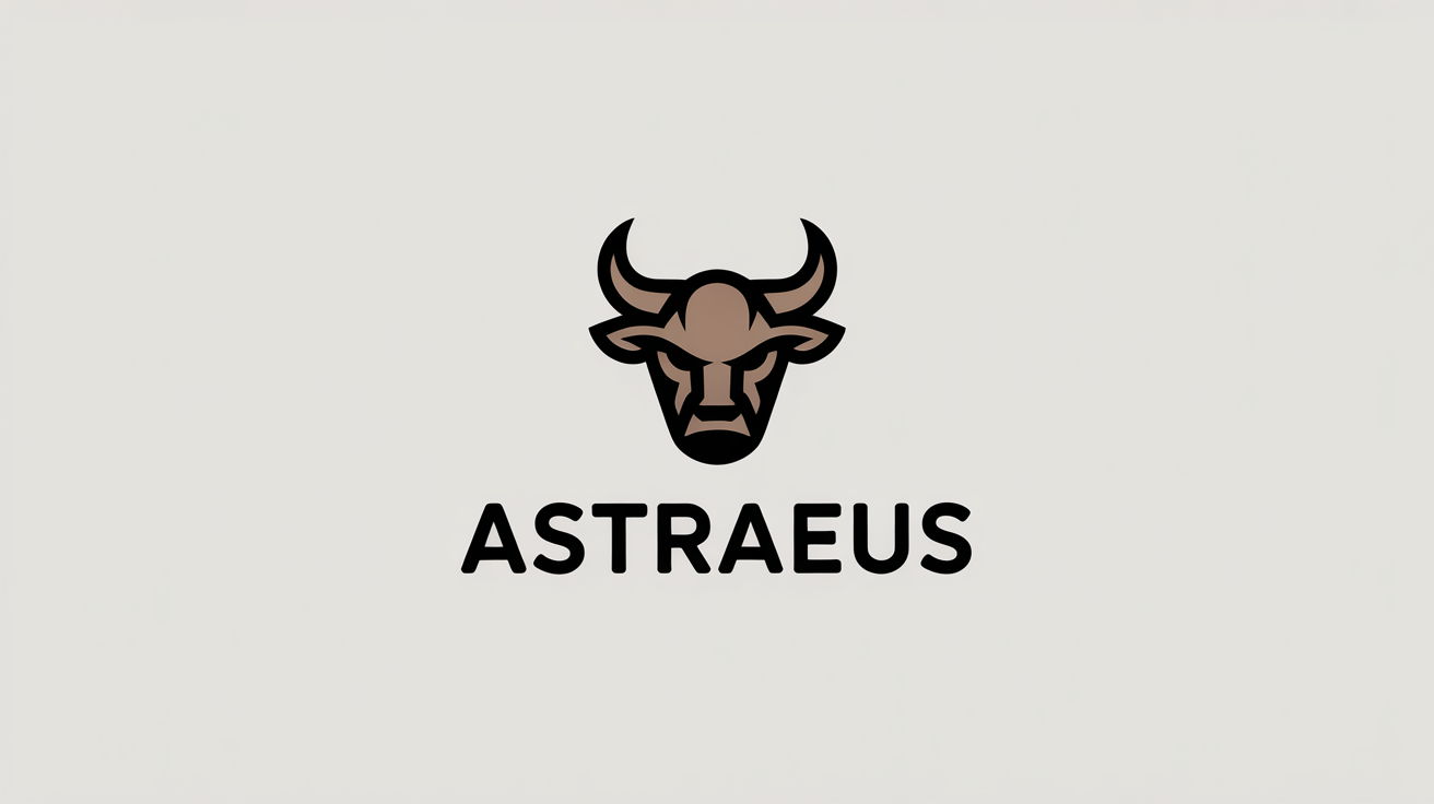 A modern minimalist logo of a Minotaur head in black and bronze. Below the icon is the brand name 'ASTRAEUS' in black, all set against a clean white background.