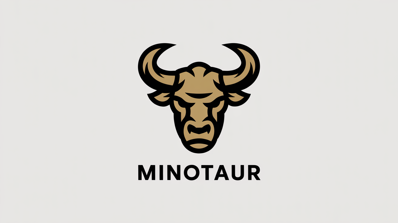 A modern black and gold logo featuring a stylized, geometric head of a minotaur. The word 'MINOTAUR' is displayed below the icon. The background is solid white.