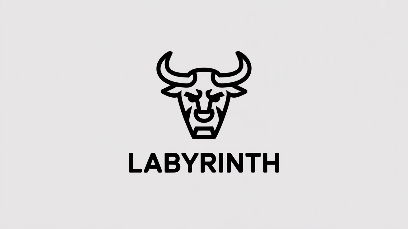 A modern, minimalist black and white vector logo of a geometric minotaur head, with the word 'LABYRINTH' written below it.