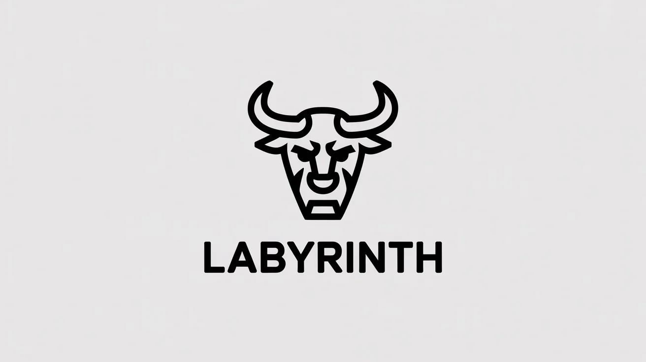 A modern, minimalist black and white vector logo of a geometric minotaur head, with the word 'LABYRINTH' written below it.