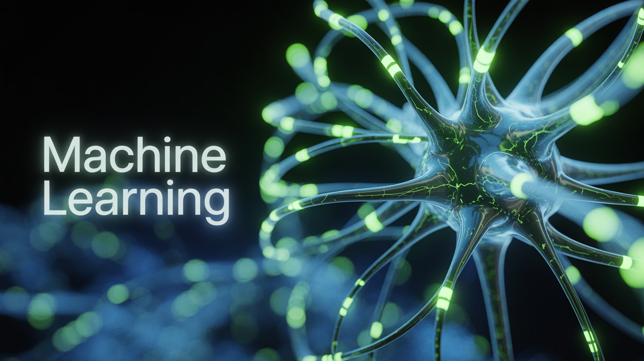 A dark, futuristic background with glowing green and blue lines forming an abstract neural network, representing machine learning. The words 'MACHINE LEARNING' are displayed in white on the left.
