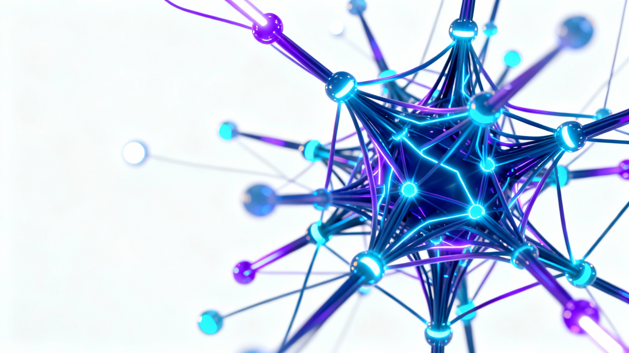 An abstract 3D rendering of a machine learning neural network, featuring glowing blue and purple nodes connected by lines of light, all set against a clean white background.