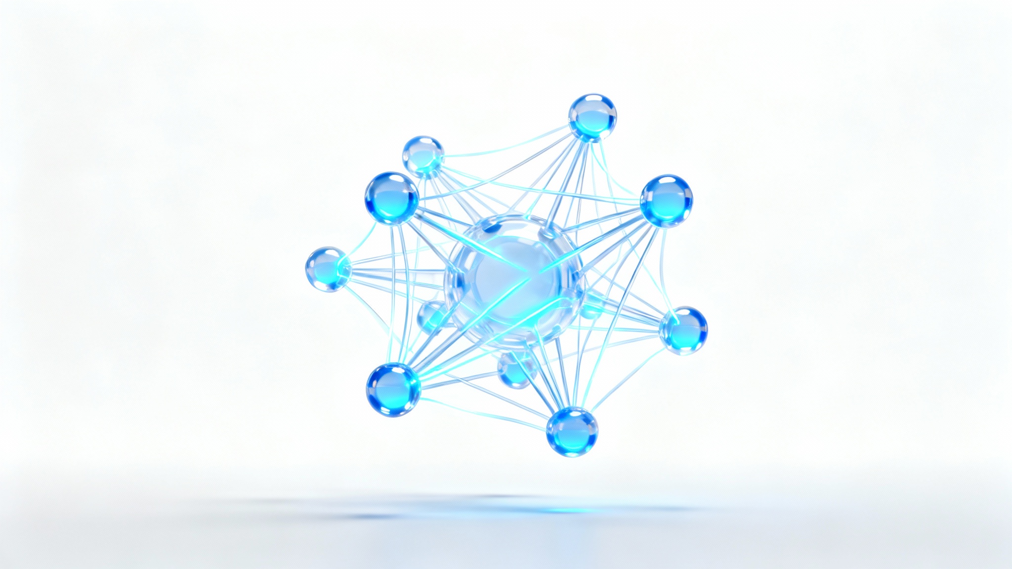 An abstract 3D visualization of a machine learning neural network, with glowing blue and cyan lines and nodes on a clean white background.