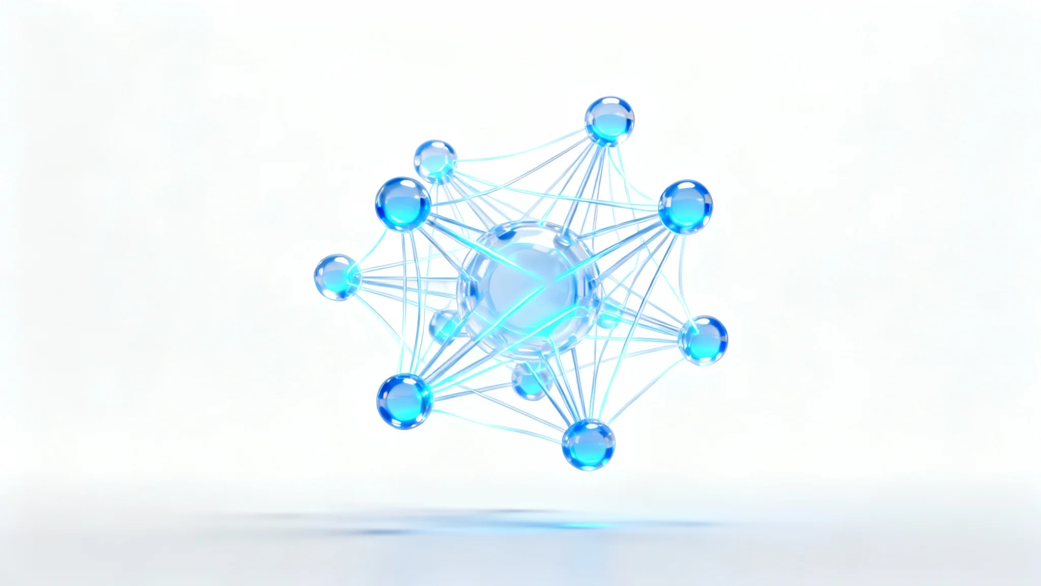 An abstract 3D visualization of a machine learning neural network, with glowing blue and cyan lines and nodes on a clean white background.