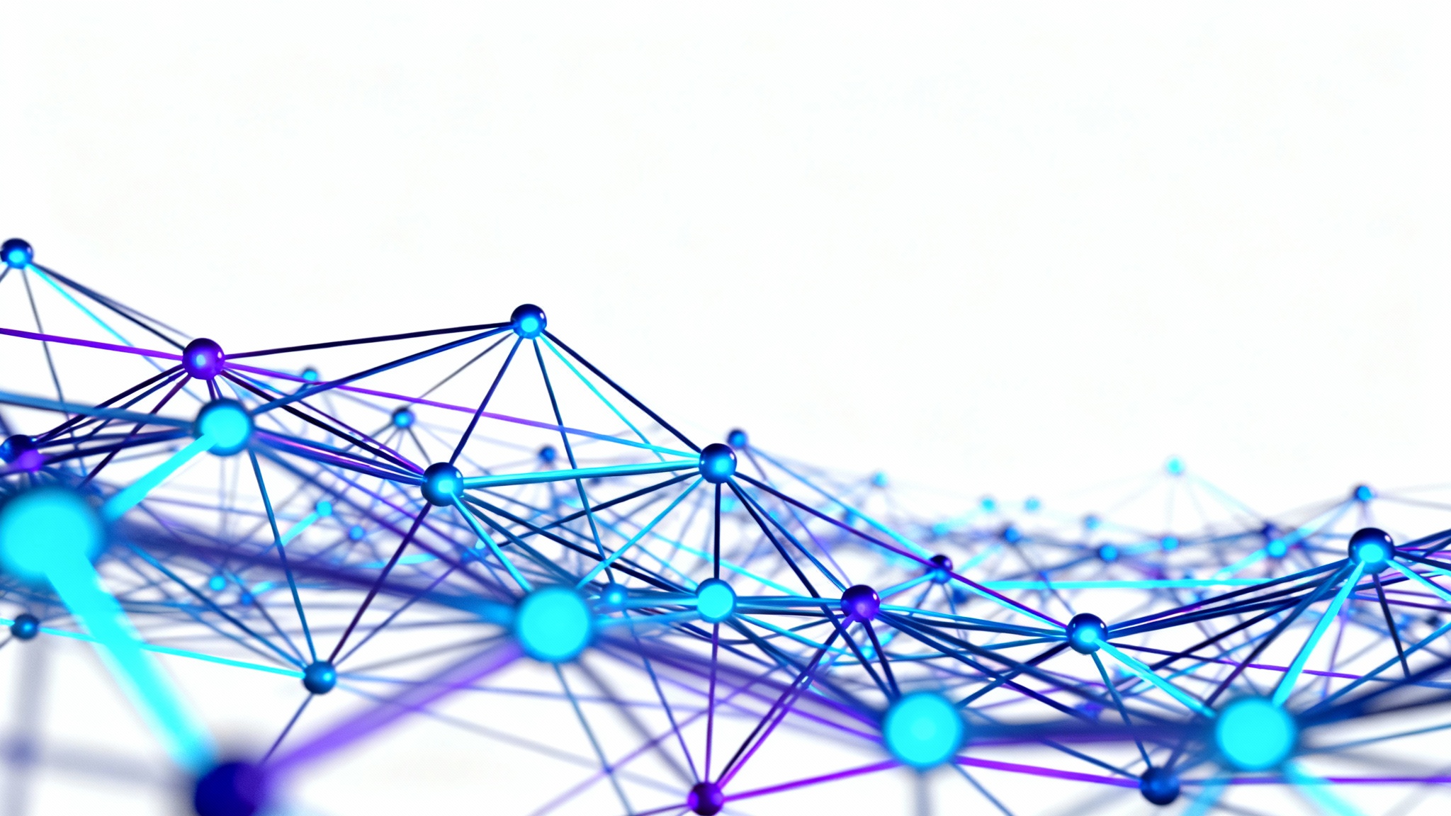 An abstract 3D rendering of a machine learning neural network, with glowing blue and purple nodes and connections on a clean white background, symbolizing artificial intelligence and data.