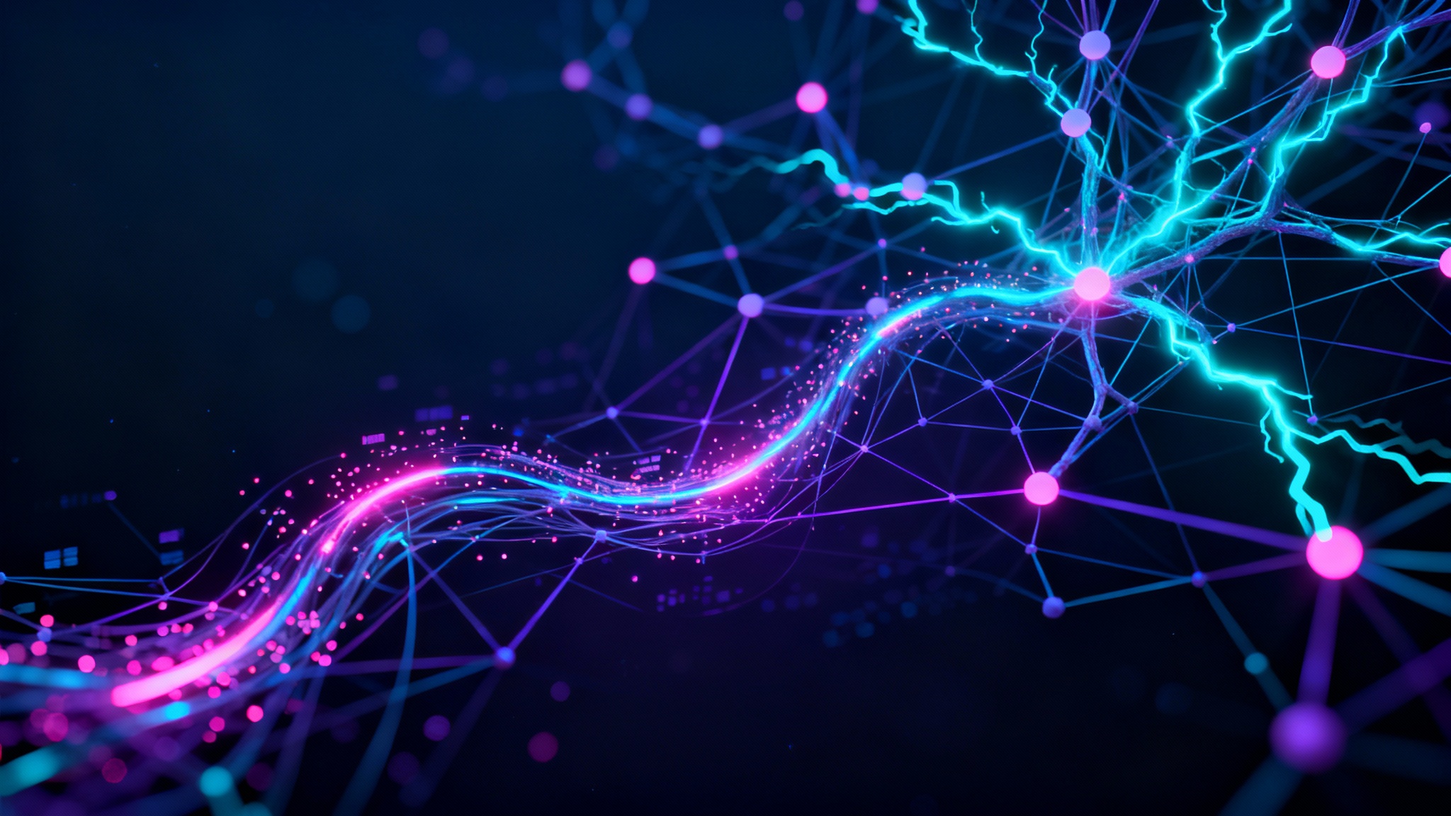 Abstract visualization of a machine learning neural network with glowing nodes and data streams on a dark background.