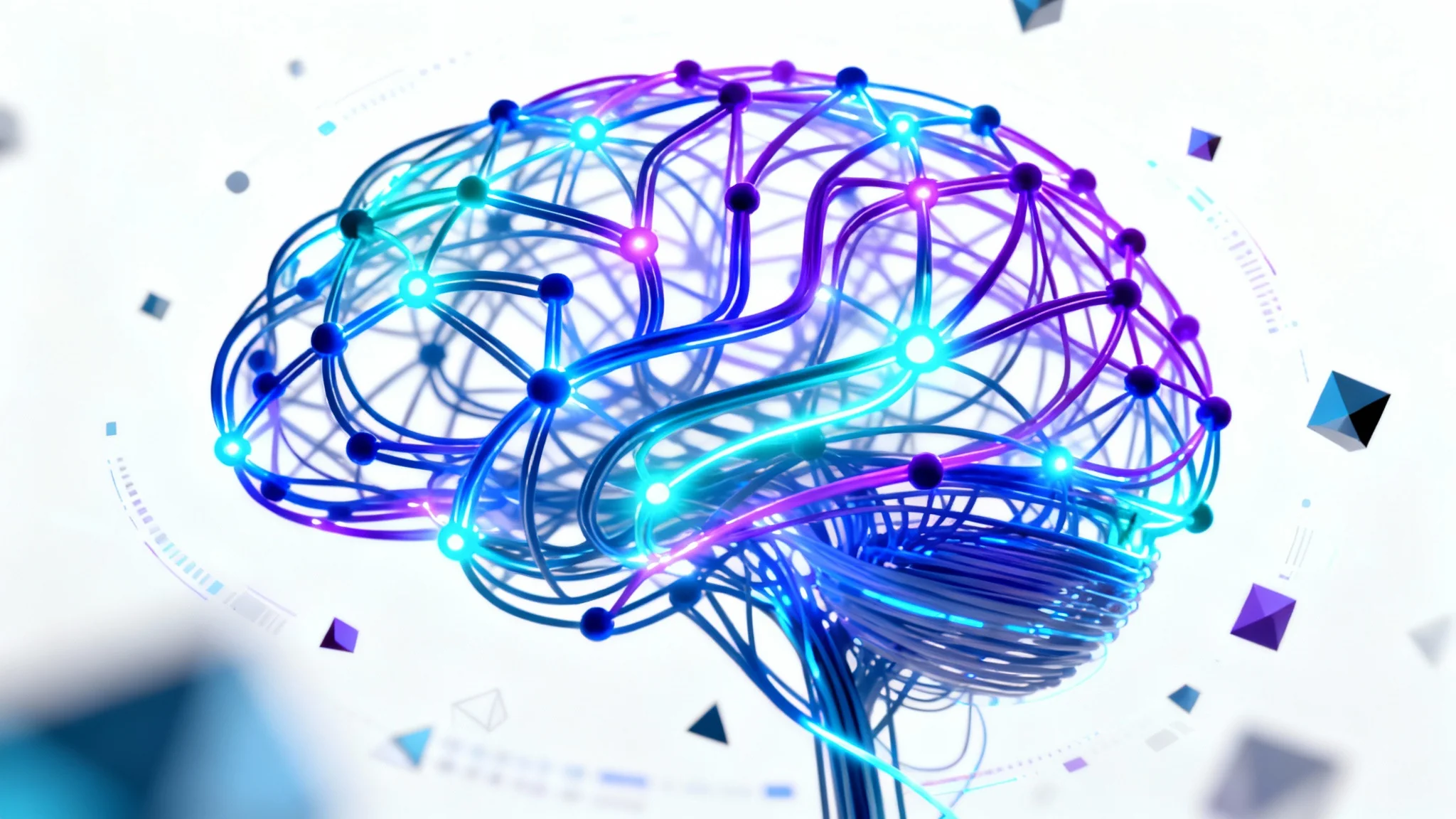 An abstract digital illustration of a glowing blue and purple neural network on a white background, representing the concept of machine learning.